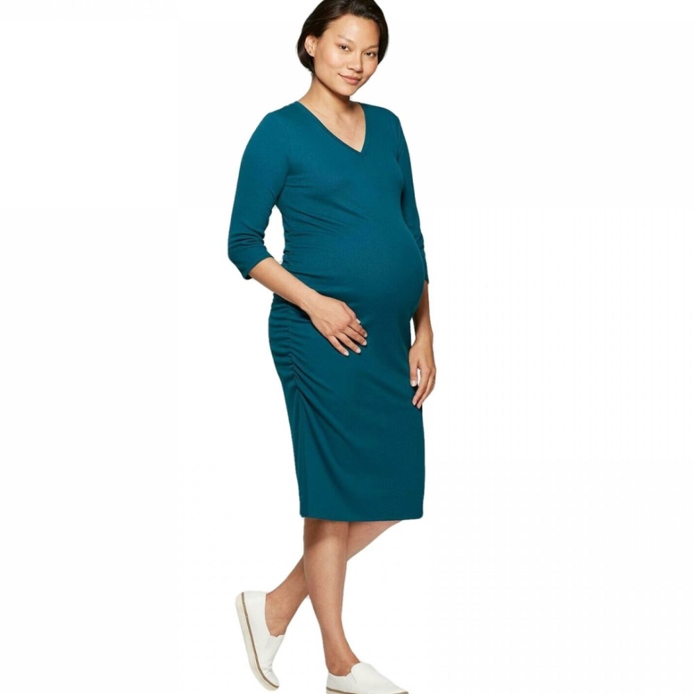 Green ruched casual maternity dress XS